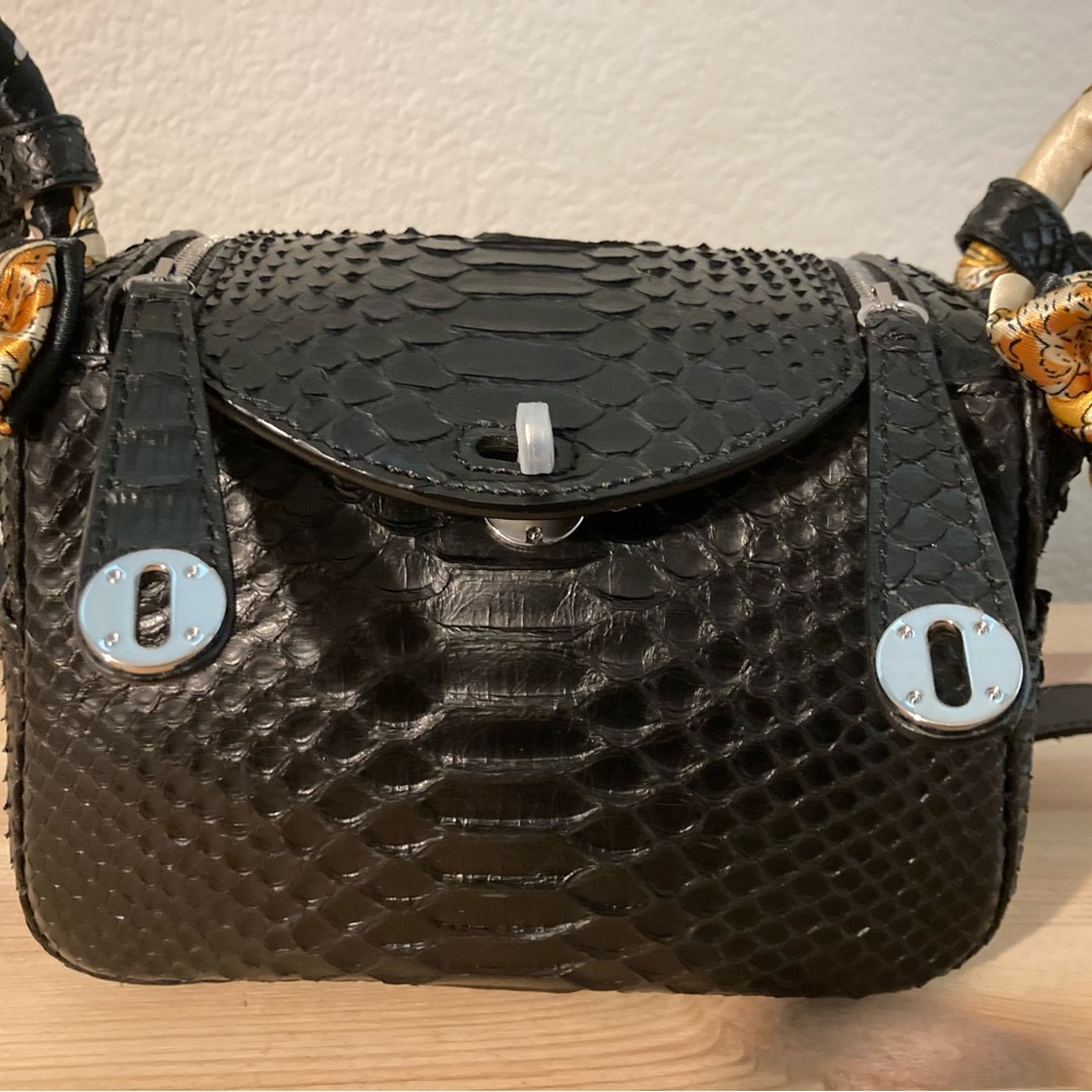 Black Python Textured Handbag With Scarf Accents … - image 2